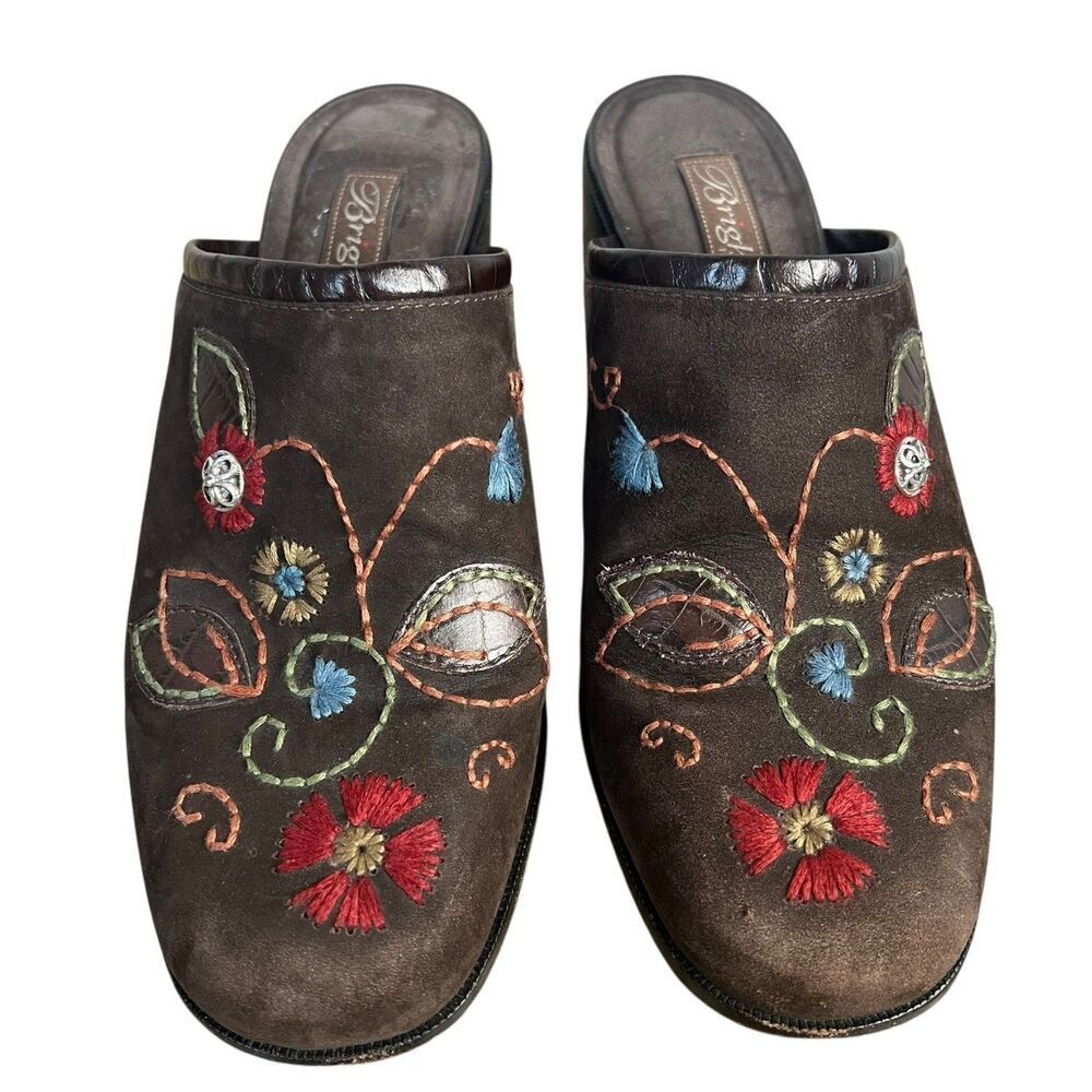 Brighton Fiona Embroidered Suede Clogs size 7.5M Brown Mules Lagenlook Shoes
